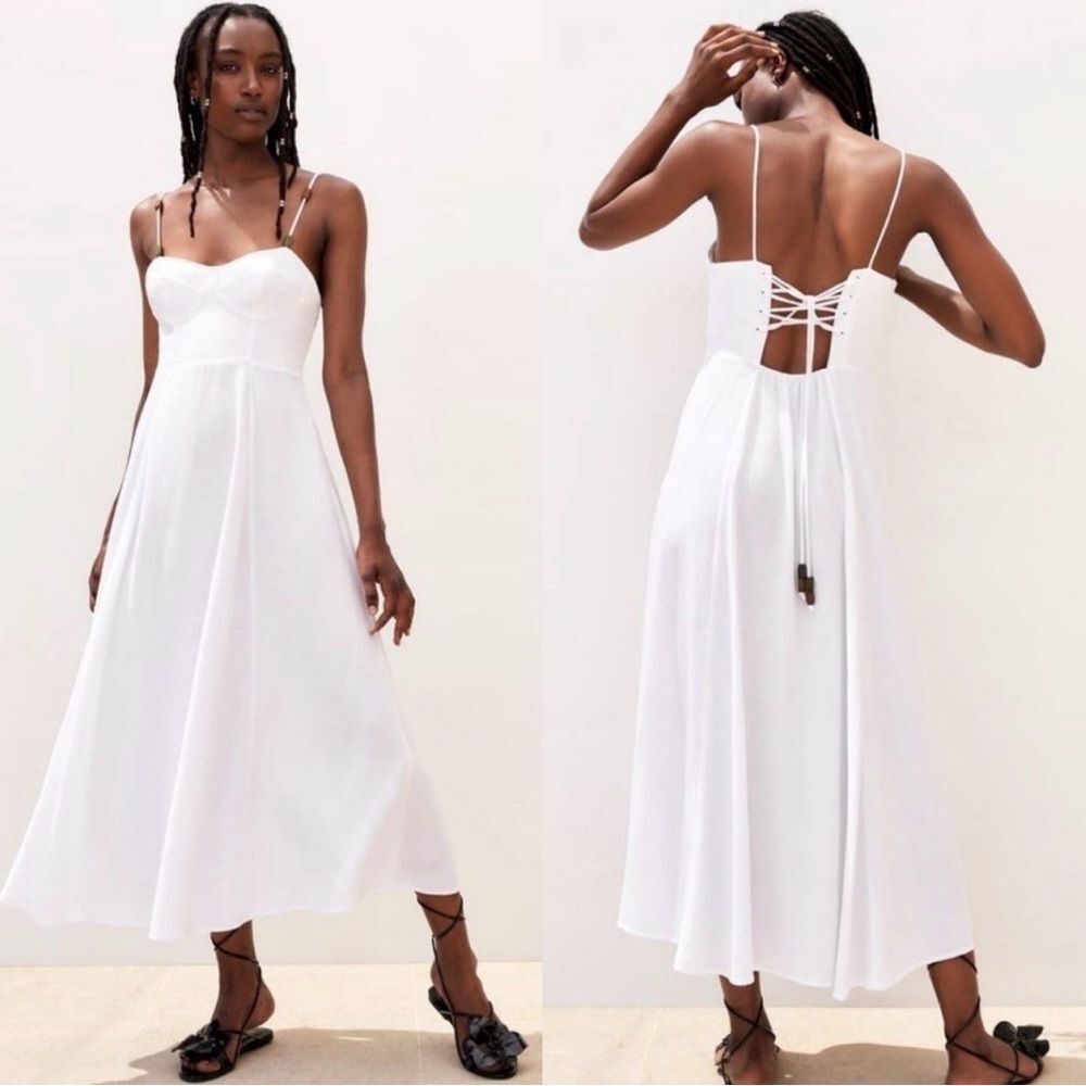 ZARA White Linen Blend Sweetheart Neckline Strappy Midi Dress Size Large